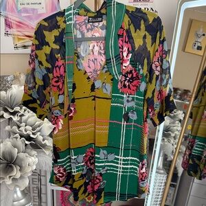 Women's Floral Plaid Blouse - Green and Pink